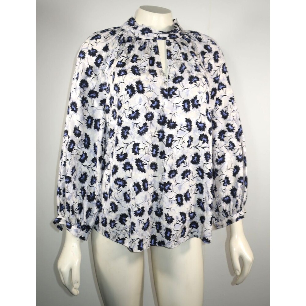 Rebecca Taylor Thistle Fleur Silk Blouse Size 8 Blue & White Floral Keyhole